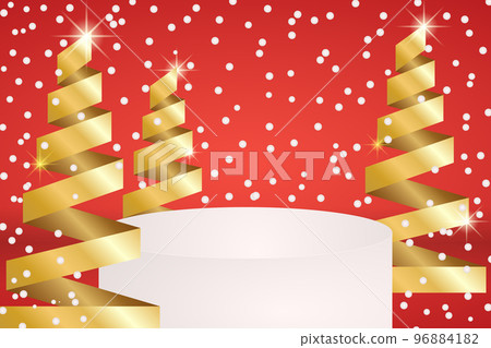 Red and gold luxury stand podium with abstract Christmas tree and falling snow. Vector studio room with 3D platform design. Festive mock up scene. Merry christmas scene for promotion display, showcase Red and gold luxury stand podium with abstract Christmas tree and falling snow. Vector studio room with 3D platform design. Festive mock up scene. Merry christmas scene for promotion display, showcase 96884182