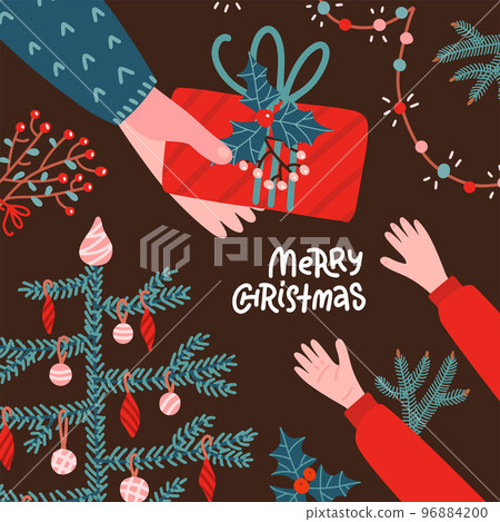 Adult human Hands holding Christmas red gift box on brown background. Arms giving gift box to chid. Hand drawn flat vector illustration. Adult human Hands holding Christmas red gift box on brown background. Arms giving gift box to chid. Hand drawn flat vector illustration. 96884200