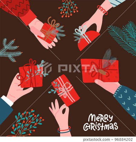 Many human hands giving present, for Christmas, anniversary theme and background. top view. Circle of hands decorated with floral branches.. Simple flat vector illustration. Many human hands giving present, for Christmas, anniversary theme and background. top view. Circle of hands decorated with floral branches.. Simple flat vector illustration. 96884202
