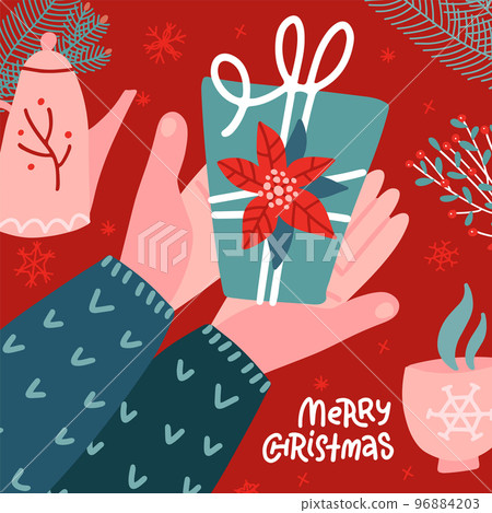 Two male hands holding box gift, christmas souvenir, flat vector illustration. Man's arm give new year present. Top view hygge scene with pot, cup and floral decor. Two male hands holding box gift, christmas souvenir, flat vector illustration. Man's arm give new year present. Top view hygge scene with pot, cup and floral decor. 96884203