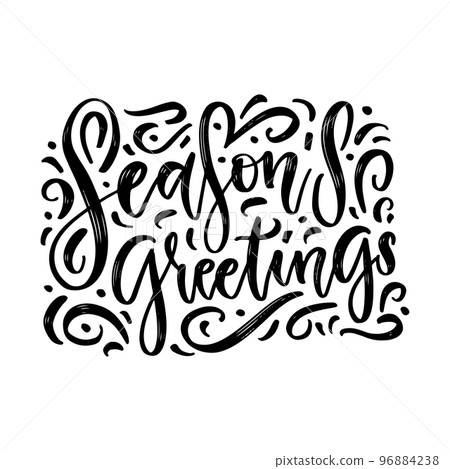 SEASON'S GREETINGS vector brush calligraphy with flourishes isolated on whita background. Beautiful decorated brush lettering header. 96884238