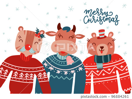 Christmas animals wearing ugly sweater set. Greeting card for print design. Christmas lettering text. Xmas background. Vector scandinavian sweater illustration. Tiger, bull, bear animals in knitting. Christmas animals wearing ugly sweater set. Greeting card for print design. Christmas lettering text. Xmas background. Vector scandinavian sweater illustration. Tiger, bull, bear animals in knitting. 96884261