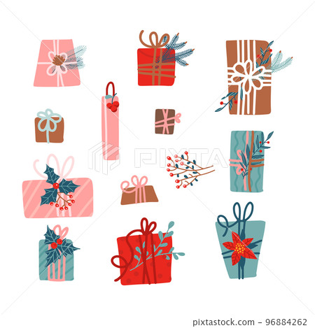 Set of gift boxes, decorated with fir branches and buttons. Present with decorations on top and ribbon. Vibrant colors. Doodle hygge style. For postcards or holiday invitations. Flat hand drawn design Set of gift boxes, decorated with fir branches and buttons. Present with decorations on top and ribbon. Vibrant colors. Doodle hygge style. For postcards or holiday invitations. Flat hand drawn design 96884262