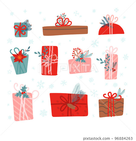 Set of 10 christmas gifts, decorated with plants, ribbons and recycled wrapping paper. Hygge vintage hand drawn style. Vibrant colors. Flat doodle illustration. Set of 10 christmas gifts, decorated with plants, ribbons and recycled wrapping paper. Hygge vintage hand drawn style. Vibrant colors. Flat doodle illustration. 96884263