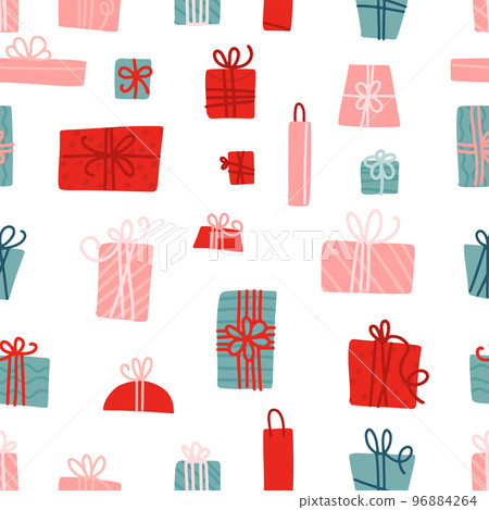 Seamless pattern with colorful gift boxes with ribbons and bows. Present box. Vector flat illustration in hygge style Seamless pattern with colorful gift boxes with ribbons and bows. Present box. Vector flat illustration in hygge style 96884264