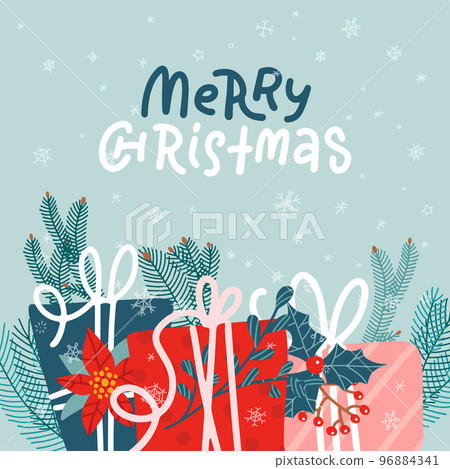 Merry Christmasgreeting card. Christmas square background with festive decorations - decorated gift boxes with fir branches. Flat hand drawn vector illustration. Merry Christmasgreeting card. Christmas square background with festive decorations - decorated gift boxes with fir branches. Flat hand drawn vector illustration. 96884341