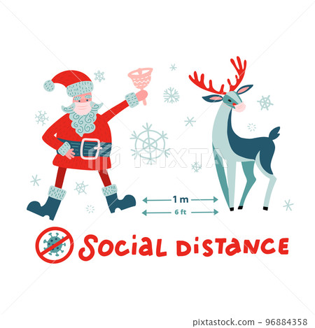 COVID-19 and social distancing with cute Christmas cartoon characters - Santa Claus and reindeer with surgical mask in . Corona virus protection. Vector flat illustration. 96884358