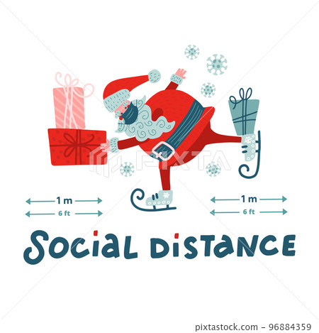 Christmas social distancing infographic, cute santa claus keep 6 feet social distancing. Santa in a twine on skates. Flat vector illustration. 96884359