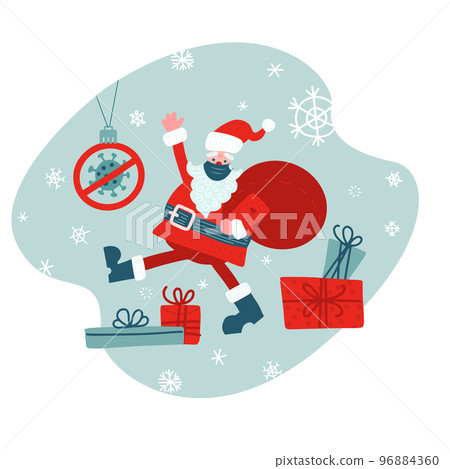 Santa in face mask with big red sack. Vector flat illustration, Light blue background. Stop coronavirus. Santa in face mask with big red sack. Vector flat illustration, Light blue background. Stop coronavirus. 96884360