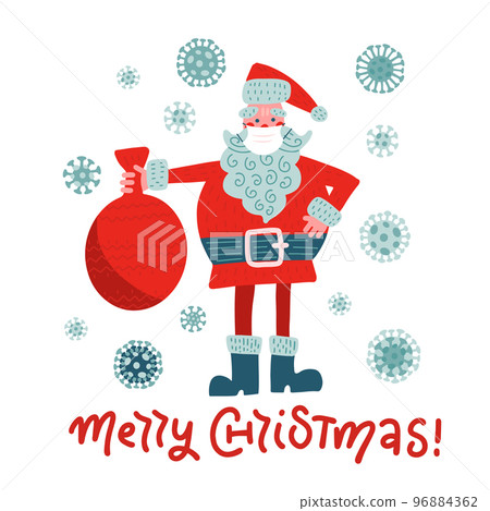 Santa Claus wearing medical mask on face to prevent Covid-19 icon vector. Santa Claus with protective mask holding red bag cartoon character. Santa with coronavirus mask icon. 96884362