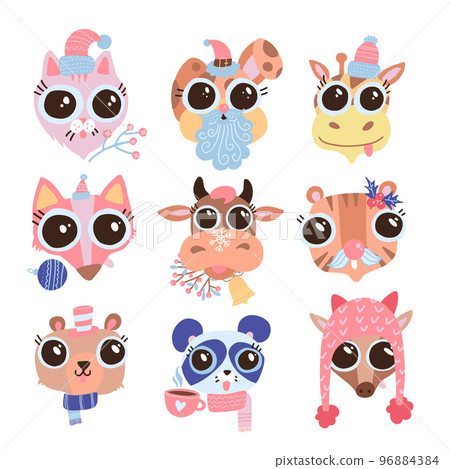 Set of hand drawn cute funny animals heads in different hats, earmuffs, mufflers, with Christmas decor. Isolated objects on white background. Vector flat illustration. Stickers Design concept for kids 96884384