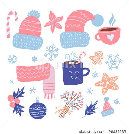 Set of Christmas design elements. Knitted hats, gingerbread , mistletoe, gifts, cup of hot cocoa, baubles. Happy holidays flat objects. Hand-drawn flat vector illustration. 96884385