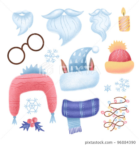 Christmas New Year collection set of items. flat illustration on white isolated background. Santa Claus mood elements. Xmas face constructor with beard, hat, mustache, cup, glasses Christmas New Year collection set of items. flat illustration on white isolated background. Santa Claus mood elements. Xmas face constructor with beard, hat, mustache, cup, glasses 96884390