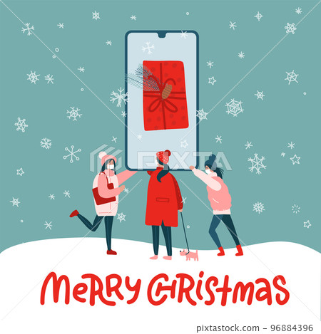 Young female people making online shopping using smartphone. Big oversize phone mobile with present on screen. Presents, New Year Holidays flat vector design illustration. Woman at online shopping Young female people making online shopping using smartphone. Big oversize phone mobile with present on screen. Presents, New Year Holidays flat vector design illustration. Woman at online shopping 96884396