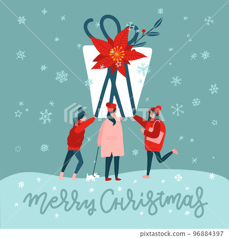 Square greeting card of tree women carrying a large gift box. Cristmas huge Present. Female Human characters outdoor. Flat vector illustration with lettering. Square greeting card of tree women carrying a large gift box. Cristmas huge Present. Female Human characters outdoor. Flat vector illustration with lettering. 96884397