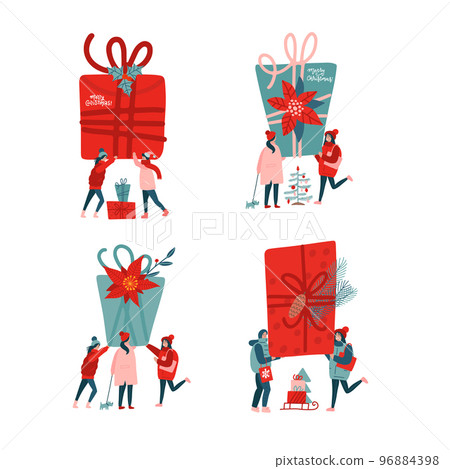 Set of people celebrating New Year. Flat vector illustrations -friends holding presents, tiny people near big gift boxes. New Year or Christmas concept for banner, website design or landing web page Set of people celebrating New Year. Flat vector illustrations -friends holding presents, tiny people near big gift boxes. New Year or Christmas concept for banner, website design or landing web page 96884398