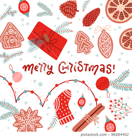 Merry Christmas and Happy New Year winter greeting card with xmas decoration elements objects on white background framed by fir branches. Top flat lay view vector illustration with lettering text. Merry Christmas and Happy New Year winter greeting card with xmas decoration elements objects on white background framed by fir branches. Top flat lay view vector illustration with lettering text. 96884402