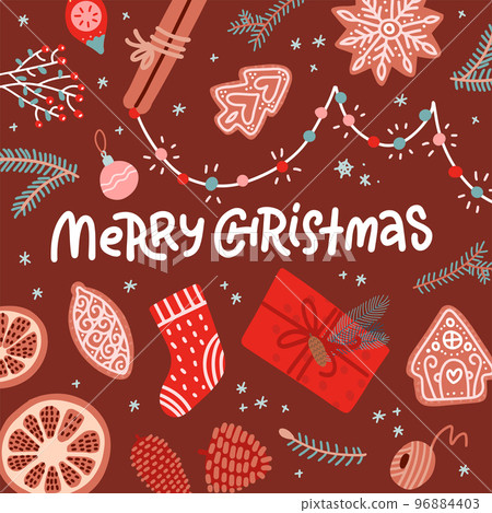 Christmas greeting card flat lay design. Presents wrapping , gingerbread and dried oranges top view. Xmas and New Year celebration preparation. Vector illustration with handdrawn lettering. Christmas greeting card flat lay design. Presents wrapping , gingerbread and dried oranges top view. Xmas and New Year celebration preparation. Vector illustration with handdrawn lettering. 96884403