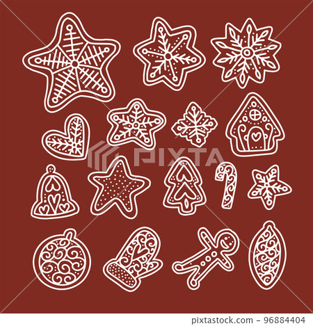 Cute gingerbread doodles for Christmas, hand drawn set for decoration. Clipart of cookies, ginger bread, icicle, star, man, bell, candy and heart. Flat vector illustration. Cute gingerbread doodles for Christmas, hand drawn set for decoration. Clipart of cookies, ginger bread, icicle, star, man, bell, candy and heart. Flat vector illustration. 96884404