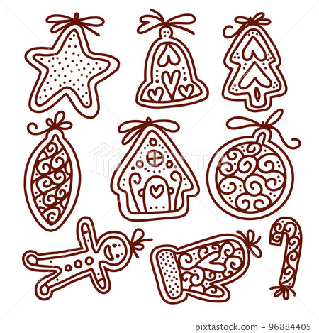Hand drawn sketch traditional Christmas cookies set. Hand bell. gingerbread men, house and christmas tree. Collection of vector hand made line illustration. Hand drawn sketch traditional Christmas cookies set. Hand bell. gingerbread men, house and christmas tree. Collection of vector hand made line illustration. 96884405
