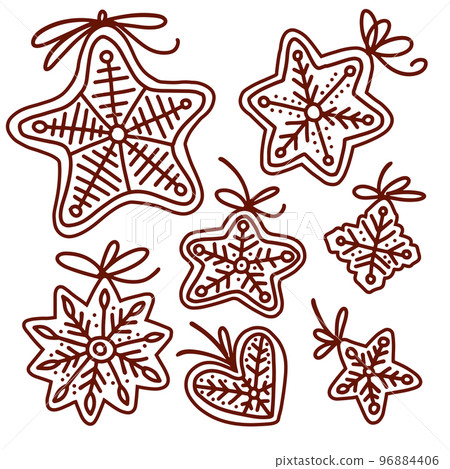 Doodle set of gingerbread. Cookies of various shapes Isolated on White background. Flat vector illustration. 96884406