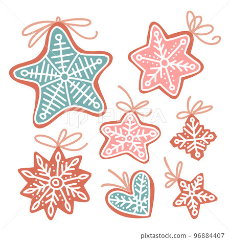 Chrictmas cookies, hand drawn illustration, isolated design elements. Gingerbread Christmas symbols, cookie set on a white background, Different snowflakes, heart. Vector flat hand drawn illustration Chrictmas cookies, hand drawn illustration, isolated design elements. Gingerbread Christmas symbols, cookie set on a white background, Different snowflakes, heart. Vector flat hand drawn illustration 96884407
