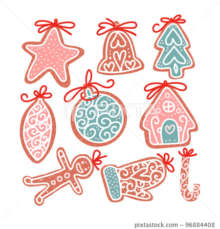 Set of christmas gingerbread cookie in flat hand drawn style. Sweet food with ropes for fir decoration. Icon, symbol, logo. Christmas tree, house, bauble, mitten, star. Vector isolated illustration Set of christmas gingerbread cookie in flat hand drawn style. Sweet food with ropes for fir decoration. Icon, symbol, logo. Christmas tree, house, bauble, mitten, star. Vector isolated illustration 96884408