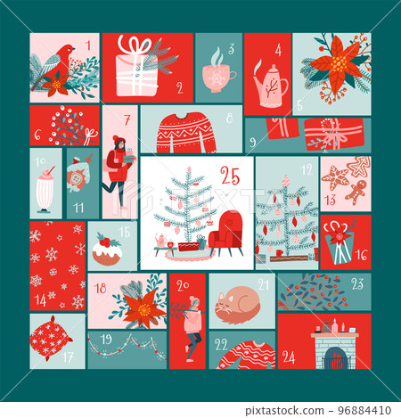 Square Advent calendar with christmas elements. Vector illustration in flat style. Hygge vibrant design. Square Advent calendar with christmas elements. Vector illustration in flat style. Hygge vibrant design. 96884410