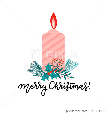 Vector flat style coloor Christmas flaming candle with Christmas tree branches, holly berry and berries. Christmas element design isolated on white background with greeting lettering. 96884413