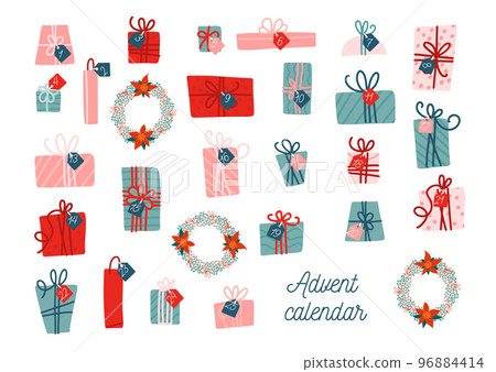 Advent calendar template. Collection of vector colorful Christmas present boxes with tags. Vector flat cartoon illustration isolated on white background. Advent calendar template. Collection of vector colorful Christmas present boxes with tags. Vector flat cartoon illustration isolated on white background. 96884414