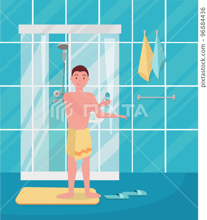 Cute funny young man came out of the shower. Hapy man taking shower in the morning. Guy standing in the bathroom. Morning routine, daily procedure. Flat modern cartoon vector illustration. 96884436