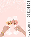 Women celebrate New Year and clink glasses with wine. Women's hands with glasses of wine. New year or Christmas concept. Pink background. 96884493