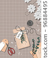Gift box on the table. Wrapping christmas gift box. Preparing for celebration christmas eve or new year. Top view table with scissors and tree branches. Flat illustration.  96884495