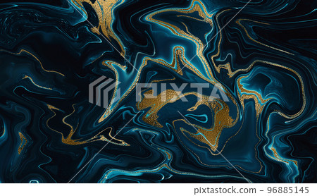 Luxury blue turquoise marble and gold texture. Premium background in alcohol ink technique. Ocean blue marbling with swirls and gold stains, powder. Fluid acrylic painting. Horizontal template 96885145