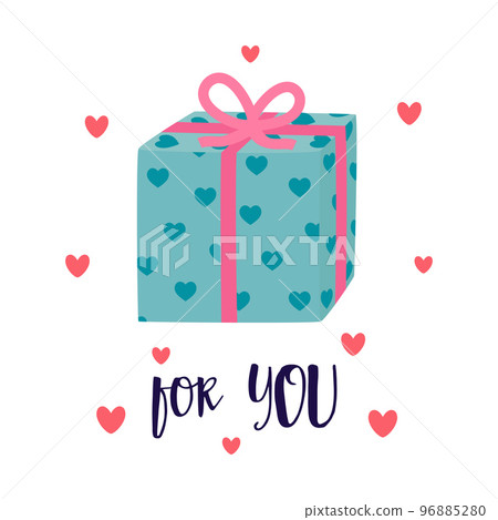 cartoon greeting card of gift with hearts, flat style 96885280