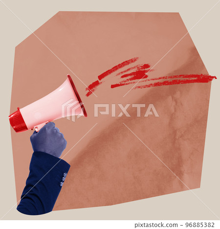 Male hand holding megaphone. Contemporary art collage. Inspiration, idea, creativity, surrealism. Colorful minimalism 96885382