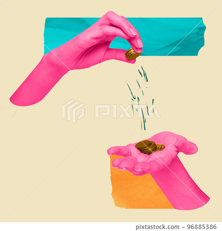 Surreal art design with two pink human hands with coins over light background with crumpled paper effect. Inspiration, idea, creativity, surrealism. Colorful minimalism 96885386