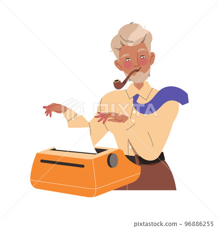 Senior Man Writer at Typewriter Smoking Pipe Engaged in Writing Process Creating Plot Vector Illustration Senior Man Writer at Typewriter Smoking Pipe Engaged in Writing Process Creating Plot Vector Illustration 96886255