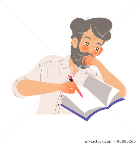 Bearded Man Writer with Pen and Notepad Engaged in Writing Process Creating Plot Vector Illustration Bearded Man Writer with Pen and Notepad Engaged in Writing Process Creating Plot Vector Illustration 96886260