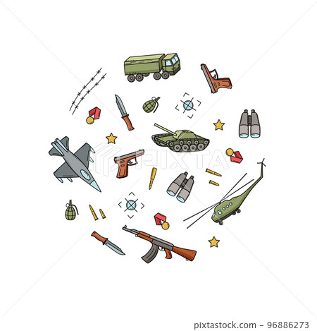 Military doodle color icons. Vector illustration of a set of military equipment, army items. Military doodle color icons. Vector illustration of a set of military equipment, army items. 96886273