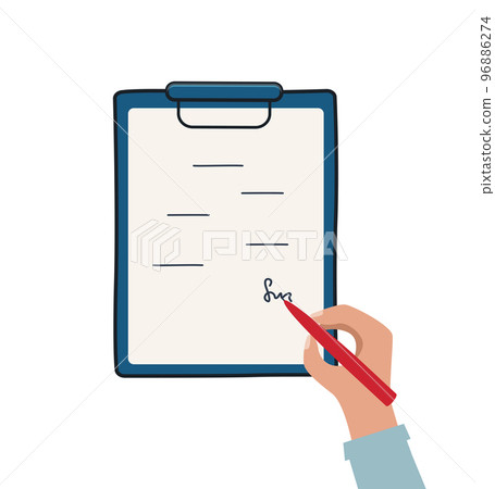 Signing a contract, hand with pen signs a paper document on a tablet. Vector illustration isolated on white. 96886274