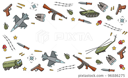 Military doodle color icons. Vector illustration of a set of military equipment, army items. Military doodle color icons. Vector illustration of a set of military equipment, army items. 96886275