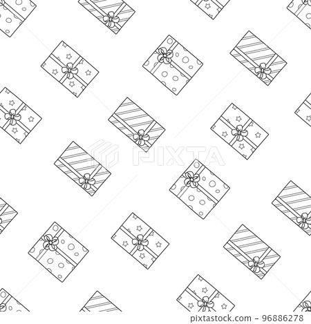 Seamless pattern gift boxes in wrapping paper with bows. Background texture packaging. Doodle cartoon style. Seamless pattern gift boxes in wrapping paper with bows. Background texture packaging. Doodle cartoon style. 96886278