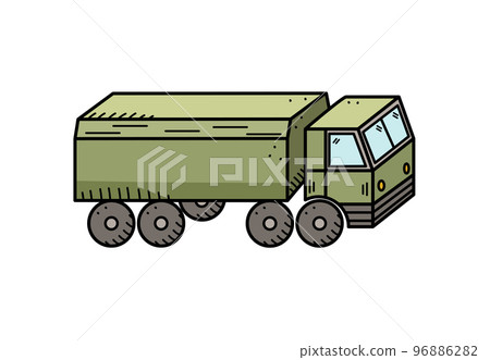 Truck or military vehicle, vector doodle icon. War transportation. Isolate on white. 96886282
