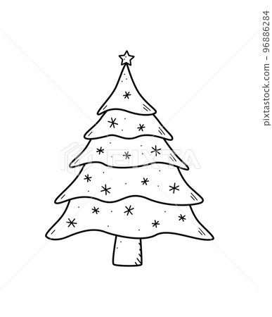 Christmas tree is traditionally decorated with toys and garlands. Vector illustration symbol of Christmas and New year. Christmas tree is traditionally decorated with toys and garlands. Vector illustration symbol of Christmas and New year. 96886284