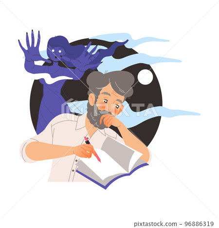 Bearded Man Writer with Pen and Notepad Engaged in Writing Process Creating Plot Vector Illustration Bearded Man Writer with Pen and Notepad Engaged in Writing Process Creating Plot Vector Illustration 96886319
