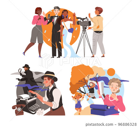Writers and Journalists at Typewriter Engaged in Writing Process Creating Plot Vector Set Writers and Journalists at Typewriter Engaged in Writing Process Creating Plot Vector Set 96886328