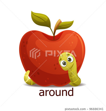 Cute Green Worm Around Red Apple as English Preposition Word Vector Illustration Cute Green Worm Around Red Apple as English Preposition Word Vector Illustration 96886341