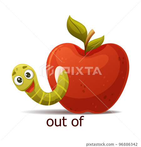 Cute Green Worm Peeking Out Of Red Apple as English Preposition Word Vector Illustration Cute Green Worm Peeking Out Of Red Apple as English Preposition Word Vector Illustration 96886342