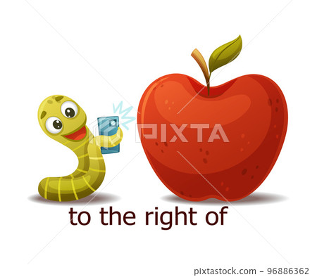 Cute Green Worm to the Right of Red Apple Taking Selfie with Smartphone as English Preposition Word Vector Illustration 96886362
